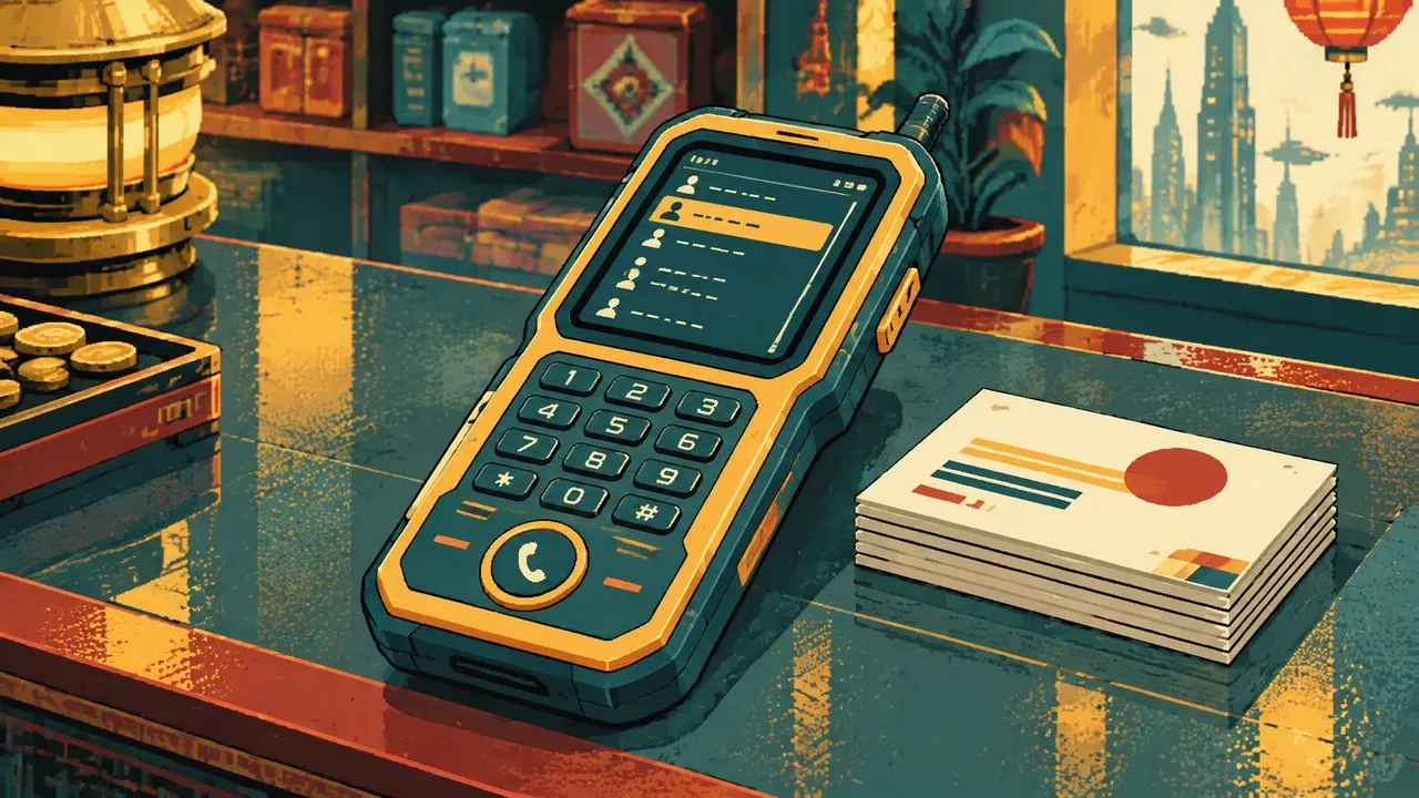 Illustration of a handheld phone and a stack of business cards on a shop counter