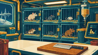 Illustration of a rat cage rack with a feed dispenser, gene scanner and cleaver